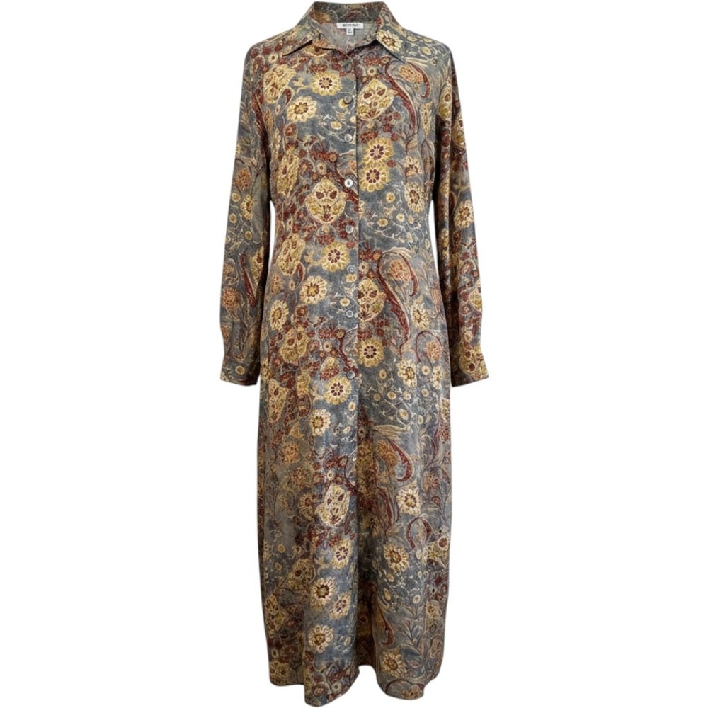 The Territory Ahead 100% Silk Floral Paisley Maxi Shirt Dress Blue Gold M
